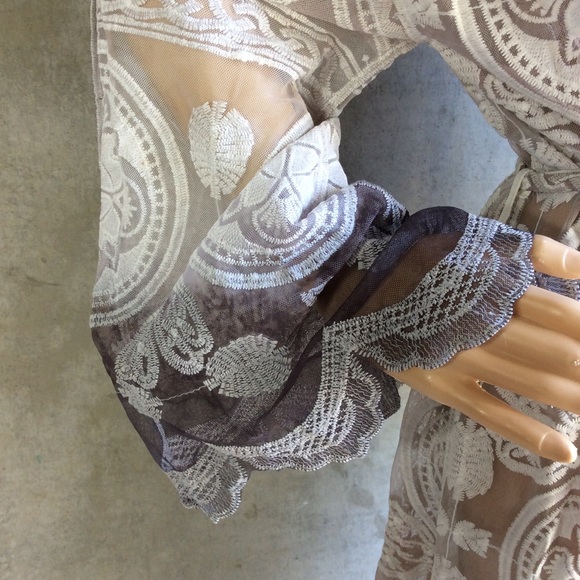 🌸 ROBE OMBRE LACE BELL SLEEVE KAFTAN DUSTER BOHO FESTIVAL BOHEMIAN MIDI KIMONO - Picture 8 of 8